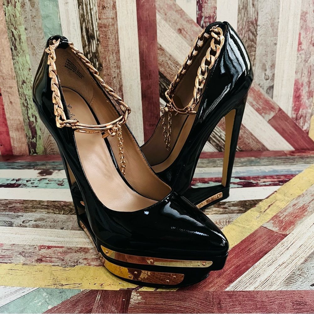 Emily B Imperial High Heels Platforms Ankle Chain Clasps Black Patent Gold SZ 9
